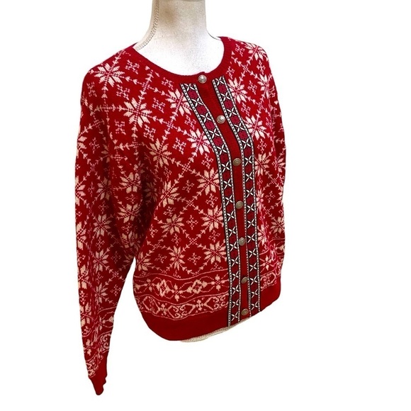 Talbots 100% wool Nordic fair isle cardigan sweater red snowflakes design size 8 - Picture 2 of 11